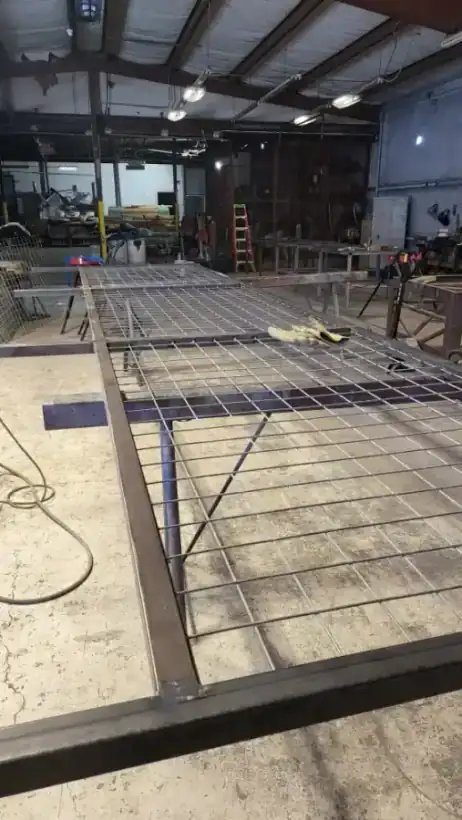 A welded wire gate panel part way through fabrication on the shop floor at Aztec Fence and Ornamental Iron