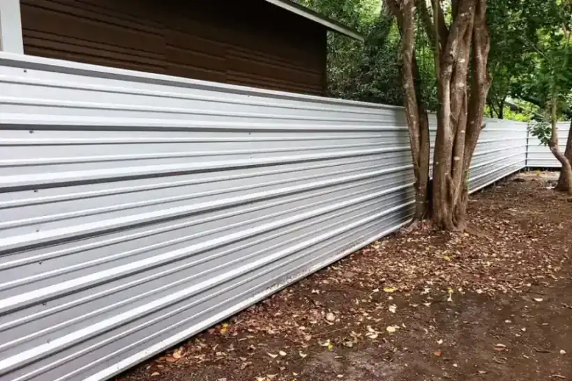 A white corrugated metal privacy fence threading between crepe myrtles, built by Aztec Fence and Ornamental Iron